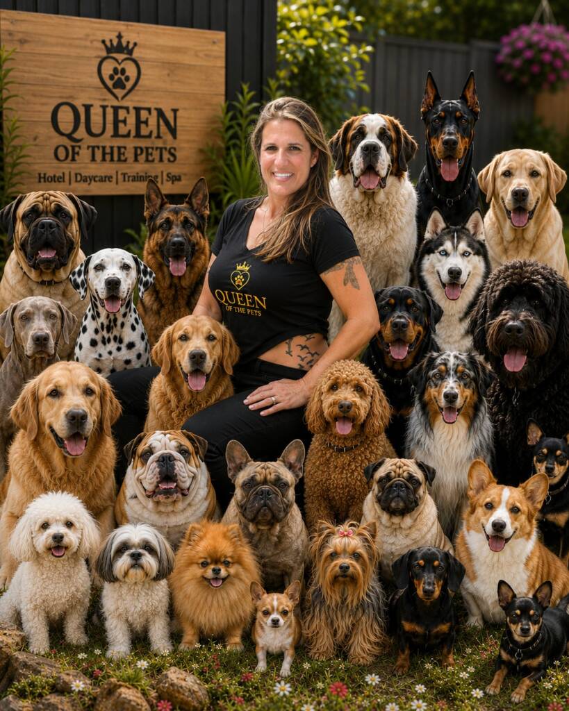 Meital Fligelman, founder of Queen of the Pets, with rescued and boarding dogs in Cookstown